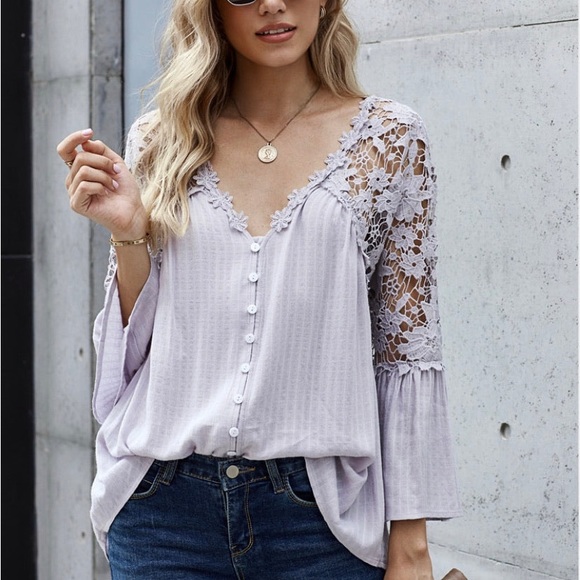 Crochet Flower Lace Button Bell Sleeve Blouse Top - Picture 3 of 5